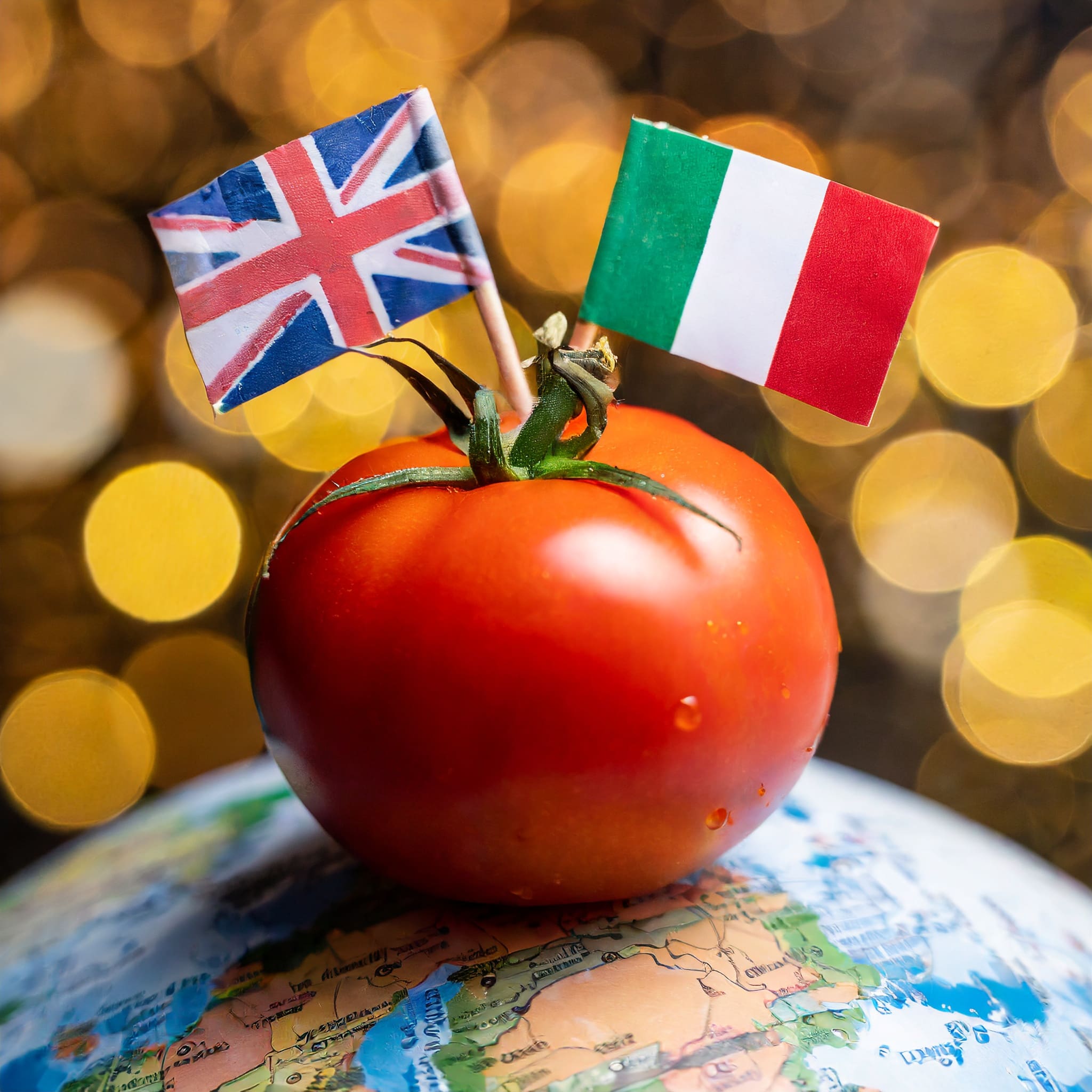 Red tomato sat on top of a globe with the British and Italian flags