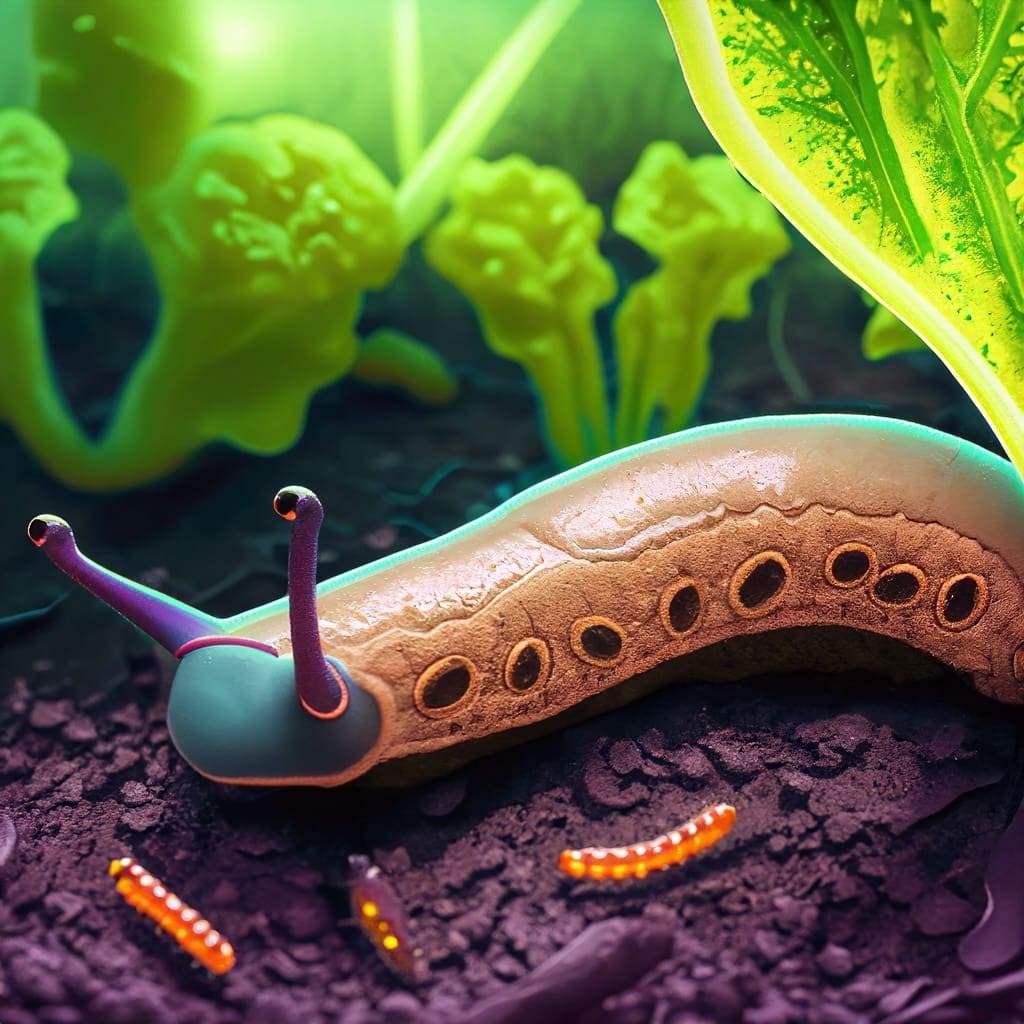A slug next to nematodes on soil with vegetables
